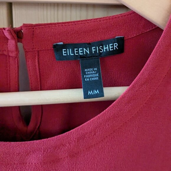 Eileen Fisher Silk Georgette Crepe Dress Medium Red Long Sleeve Round Neck Flow - Picture 4 of 10